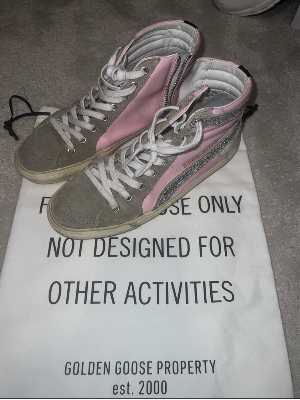 Golden Goose Pink and Gray Mid-Top Sneakers with Glitter Side Stripe